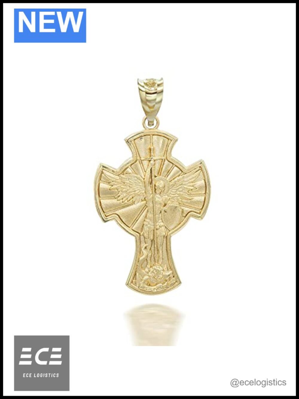10K Gold St Michael Archangel Cross Medallion Pendant Charm Necklace